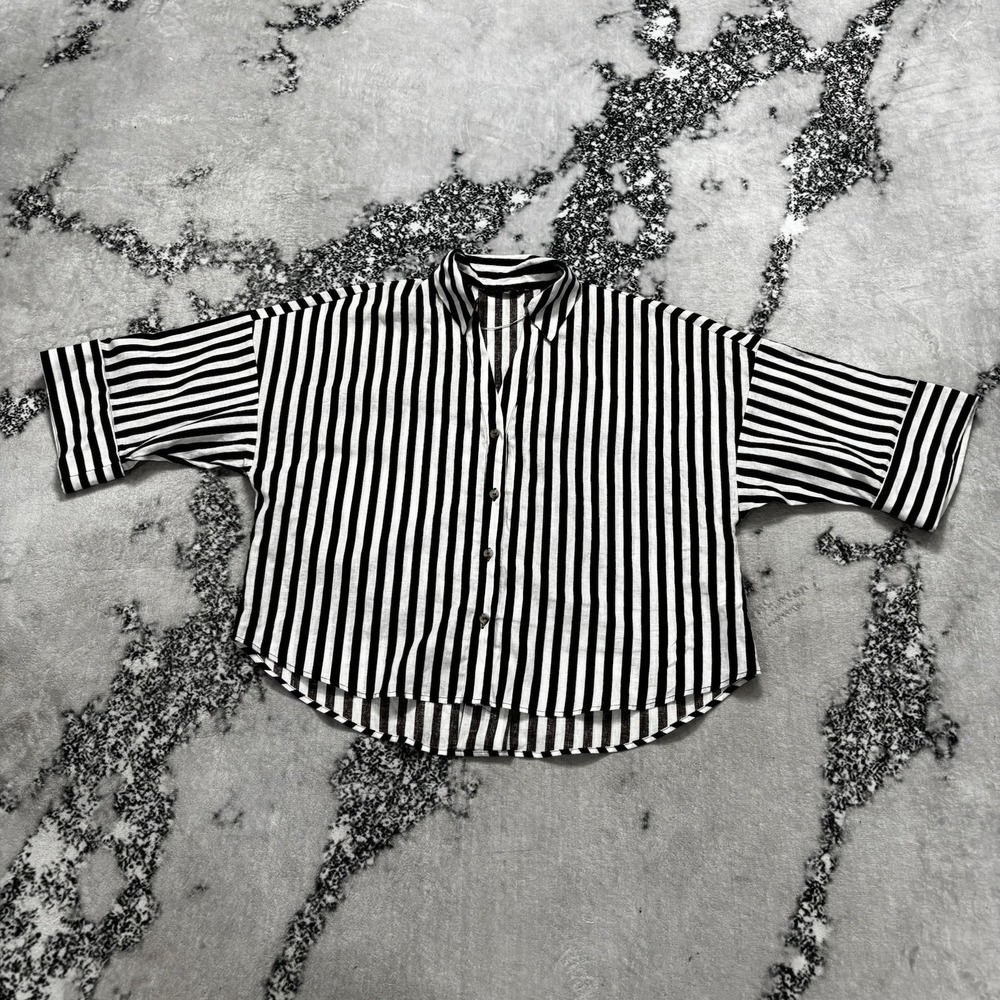 Zara Shirt Womens Size Medium Brown White Striped Button Front Short Sleeve